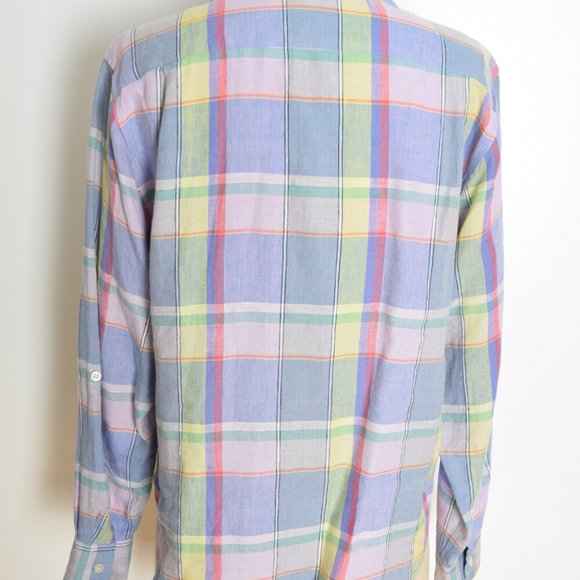vintage 90s top Ralph Lauren linen pastel plaid button up shirt blouse M - Picture 6 of 7